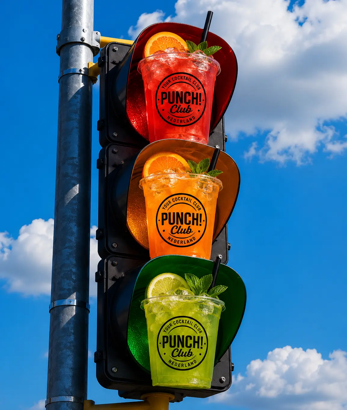 Drie kleurrijke PunchClub cocktails in een verkeerslicht